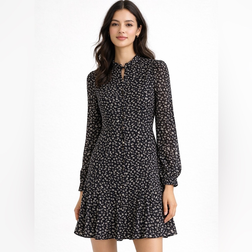 Rebecca Taylor Silk Button Front Dress, Dark Floral, Long Sleeve, Modest, size 4